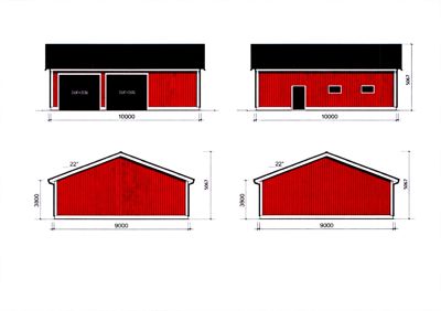 Fasadetegning som viser front- og sideopprikk av en bygning med mål og detaljer.