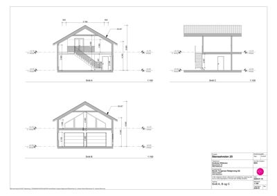 Snittegning (Snitt A, B og C) som viser tverrsnittet av en bygning med mål og høyder.