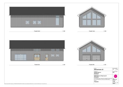 Fasadetegning som viser bygningens utseende fra fire sider (Nord, Vest, Sør, Øst).
