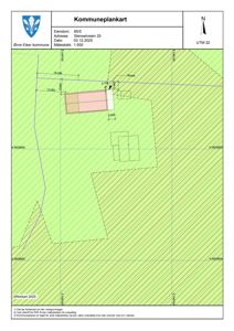 Kommuneplankart som viser eiendomsnummer, adresse, dato, målestokk og bygningsplassering med arealdata.
