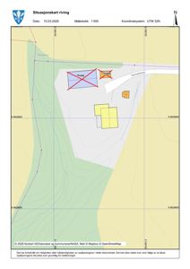 Situasjonskart som viser tomtens beliggenhet, topografi, nabolag og spesifikke bygninger som er merket for riving.