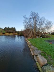 Fotografi av en utsikt over en elv eller innsjø med en steinmur langs bredden, trær og en bygning i bakgrunnen.