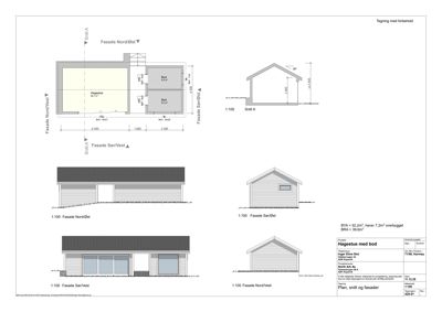 Tegning med fasader og snitt for en hagestue med bod.