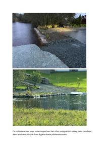 To fotografier som viser et utbedret område langs en elv eller vannvei, med steinmur og grus for å hindre flom.