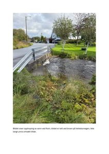 Fotografi som viser en bro (Veiteborvegen) med opphopning av vann ved flom.