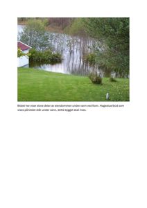 Fotografi av eiendom ved vann under flom, med tekstbeskrivelse om at bygget skal rives.