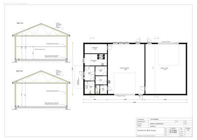 Bildet viser en etasjeplan (til høyre) og to snittegninger (til venstre) for en bolig.
