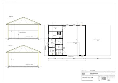 Tegning som viser snitt gjennom en bygning (Snitt A-A og Snitt B-B) samt etasjeplan med romfordeling og mål.