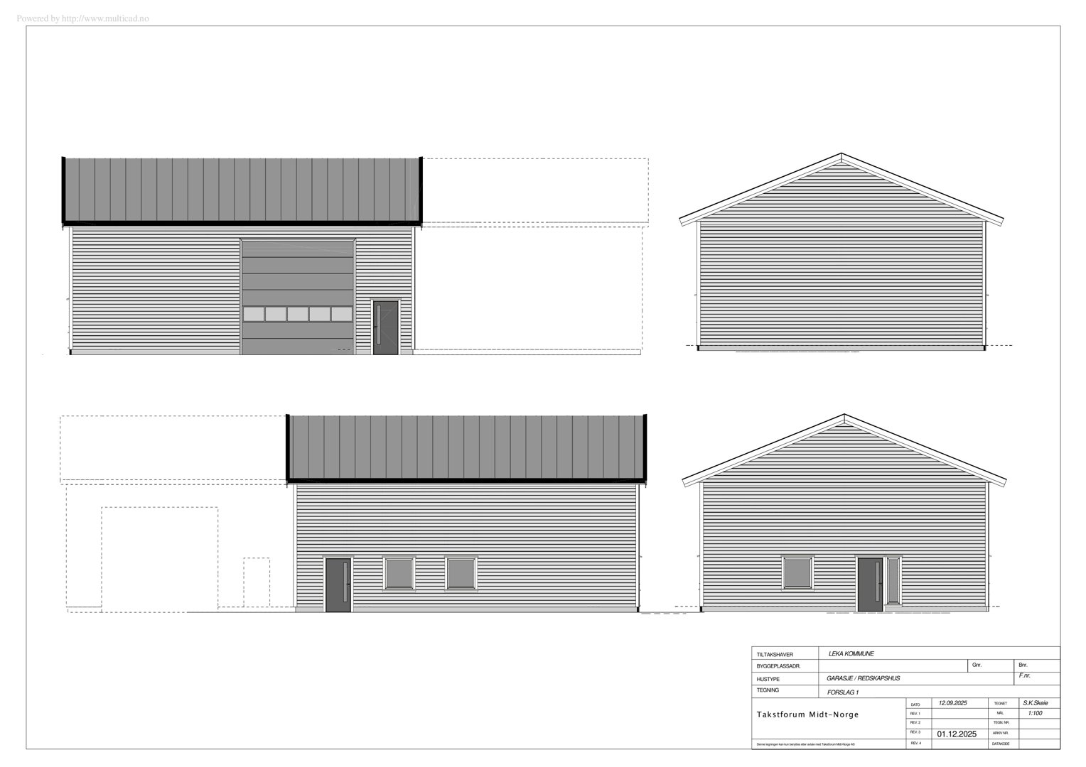 Fasadetegning som viser bygningens utseende fra to ulike vinkler (for- og sidefasade).
