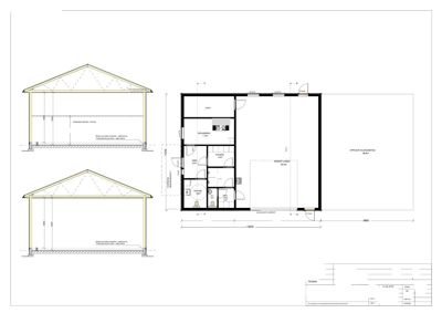 Tegning som viser snitt gjennom en bygning (Snitt A-A og Snitt B-B) samt etasjeplan med romfordeling og mål.