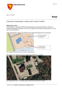 Et notat fra Leka kommune som inneholder to kart: en situasjonsplan (flyfoto) og en tegnet situasjonsplan for en ny kommunegarasje.