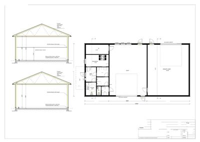 Bildet viser en etasjeplan (til høyre) og to snittegninger (til venstre) for en bolig.
