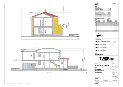 Snittegning (Snitt A og Snitt B) som viser tverrsnittet av en bolig med høyder og romfordeling.