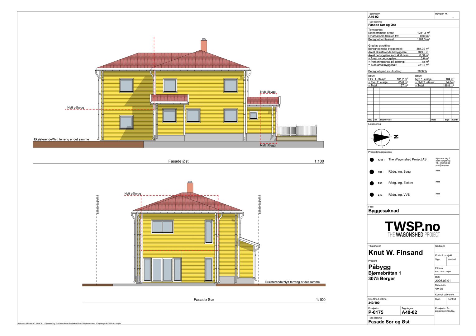 Fasadetegning av en gul hytte sett fra sør og øst, med målinger og tegningsdata.