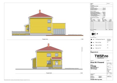 Bildet viser fasadetegninger for en bygning, spesifikt 'Fasade Vest' og 'Fasade Nord', inkludert mål og notasjoner.