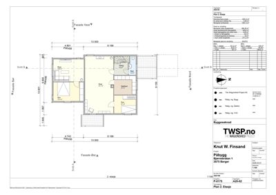 Etasjeplan (2. etasje) som viser romfordeling, mål og areal for en påbygg.
