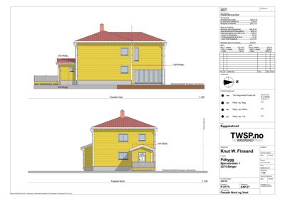 Fasadetegning som viser bygningens utseende sett fra nord og vest.