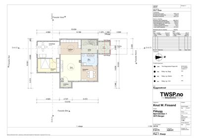 Etasjeplan for 1. etasje som viser romfordeling, mål og funksjoner.