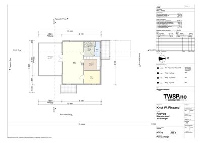 Etasjeplan (2. etasje) som viser romfordeling, mål og areal for en bygning.