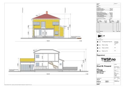 Snittegning (Snitt A og Snitt B) som viser tverrsnittet av en bygning med mål og detaljer.