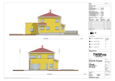 Bildet viser fasadetegninger (Sør og Øst) av en bygning med mål og tegningsnummer.