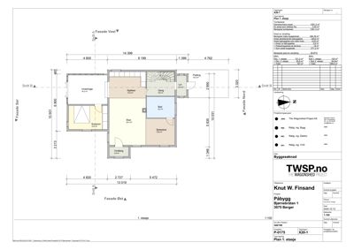 Etasjeplan (1. etasje) som viser romfordeling, mål og areal for en bolig.