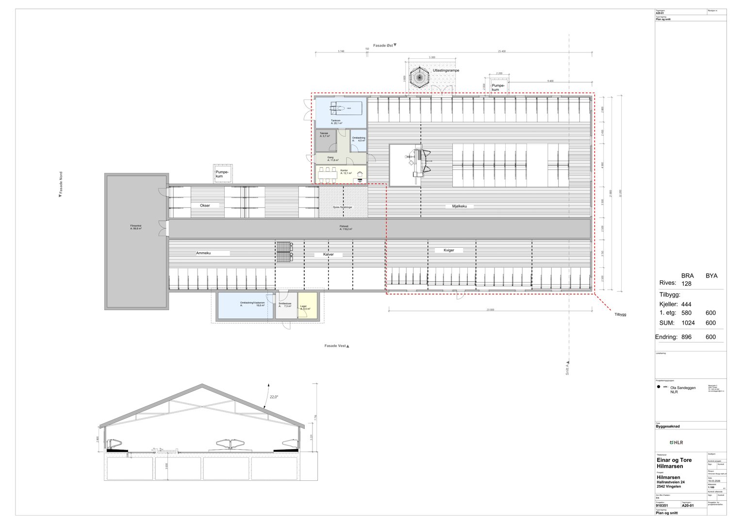 Etasjeplan med romfordeling, mål og oppriss av takkonstruksjon.