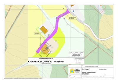 Situasjonsplan som viser eiendomsgranser, bebyggelse, vegnett og topografi for en jordskifterettssak.