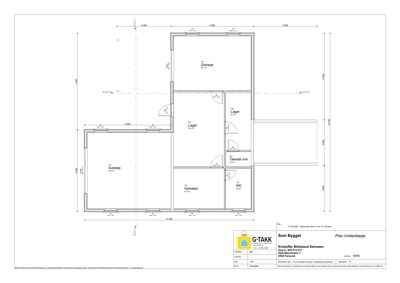 Plantegning (Plan Underetasje) som viser romfordeling, dimensjoner og plassering av garasje, lager, verksted og WC.