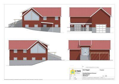 Fasadetegning som viser frontoppsettet av en bolig med garasje og trapp opp til første etasje.