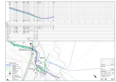 Situasjonsplan som viser prosjektert vann- og avløpsledningsnett i forhold til eksisterende infrastruktur og eiendomsgrenser.