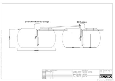 Tegning som viser en teknisk detalj av en anleggskomponent (SBR-reaktor og forbehandlingstank) med dimensjoner og utstyr.