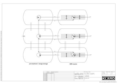 En teknisk prosessdiagram som viser en avløpsrenseanlegg med pre-behandling/sludge-lagering og SBR-reaktor.