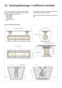 Tegning som viser detaljerte løsninger for tankoppløsninger i trafikkerte områder, inkludert dimensjoner og konstruksjonsdetaljer.