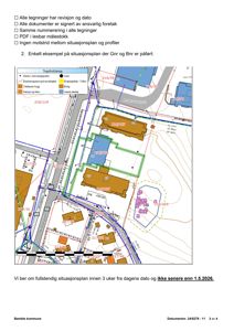 Situasjonsplan som viser tomt, bygninger, veier og arealbruk med tegnforklaring.