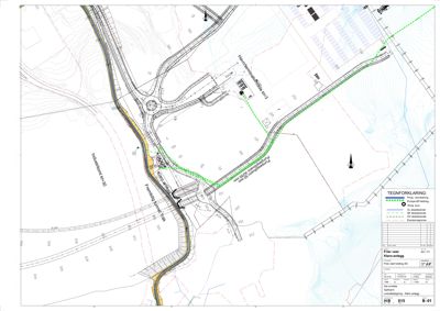 Situasjonsplan som viser tomt, vei, anlegg og topografi