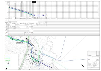 Situasjonsplan som viser prosjektert vann- og avløpsledningsnett i forhold til eksisterende infrastruktur og eiendomsgrenser.