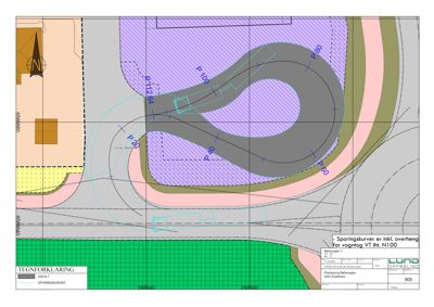Situasjonsplan som viser sporingskurver (P-80, P-100, P-112,64) for vogntog VT N100, inkludert overheng og asfaltareal.
