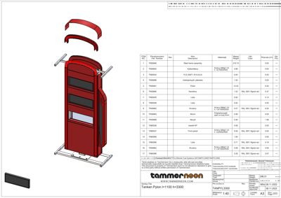 Detaljtegning av en tankpyle (Tanken Pylon) med oppriss, dimensjoner og en detaljert deliste (BOM) som viser materialer og vekt.