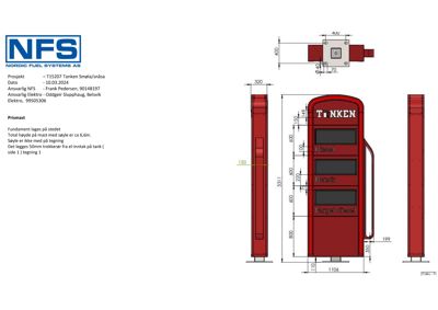 Tegning av en prismast (brennstoffmast) med dimensjoner og opplysninger om fundament og høyde.