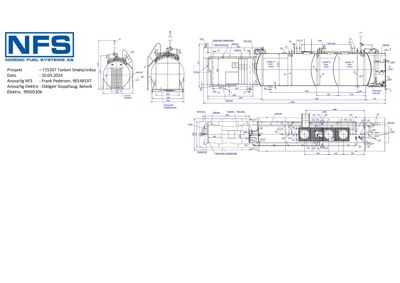 Tegning som viser detaljerte snitt og dimensjoner for en teknisk enhet (T15207 Tanken Smøla/småsa).