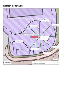 Kart over Karmøy kommune som viser en planlagt vegtong med angitte mål og en pumpepall.