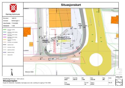 Situasjonsplan (situasjonskart) som viser eiendomsforhold, vegnett, høydemålinger og infrastruktur for eiendommen på Baheivegen 1.
