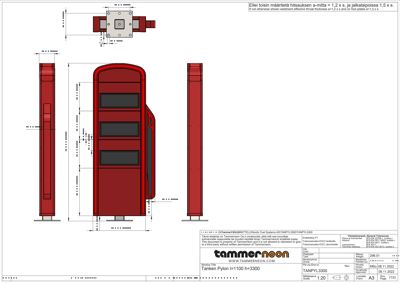 Tegning som viser detaljert oppriss av en pylon (TANPYL 3300) med mål, dimensjoner og konstruksjonsdetaljer.