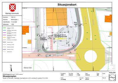 Situasjonsplan (situasjonskart) som viser eiendomsforhold, vegnett, høydemålinger og infrastruktur for eiendommen på Baheivegen 1.