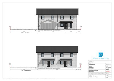 Fasadetegning som viser bygningens utseende sett fra øst, med mål og detaljer.
