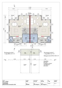 Etasjeplan (1. etasje) med romfordeling, mål og arealoppsett for en tomt.
