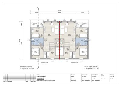 Etasjeplan (2. etasje) som viser romfordeling, mål og areal for to leiligheter.