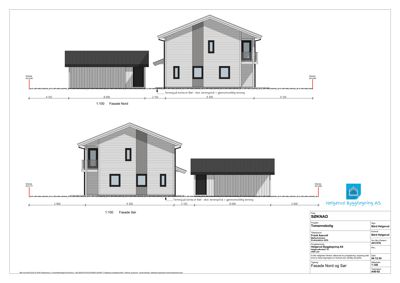 Fasadetegning som viser bygningens utseende sett fra nord og sør, med mål og detaljer.