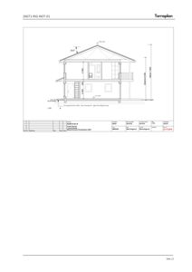 Fasadetegning (oppriis) av en toetasjes bygning med mål og konstruksjonsdetaljer.